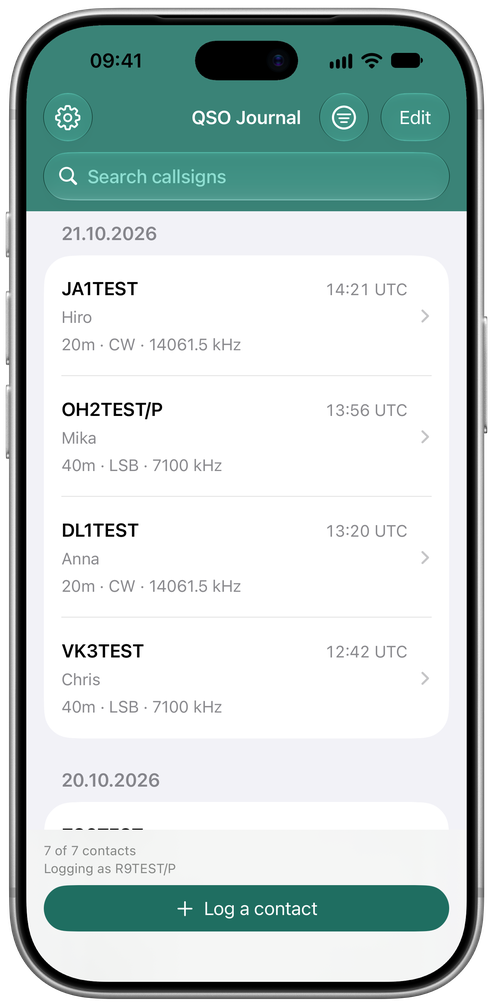 Logbook’s genuine QSO journal with demo radio contacts, in English